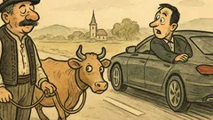 Vicc: Székely bácsi stoppol tehenével Mercedesre
