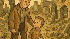 Vicc: Apa sétál a kisfiával a romok között